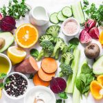 Five best vitamins for beautiful skin. Products with vitamins A, B, C, E, K – broccoli, sweet potatoes, orange, avocado, spinach, peppers, olive oil, dairy, beets, cucumber, beens. Flat lay, top view